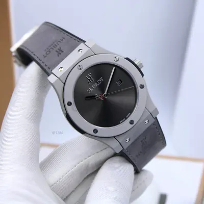 Hublot-style Mens Stainless Steel Grey Dial Watch with Leather Strap