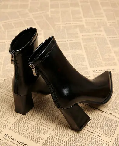 Womens Elegant Black Ankle Boots, Chunky High Heel, Pointed Toe.