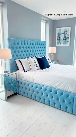 Light Blue Tufted Super King Size Bed with Upholstered Headboard