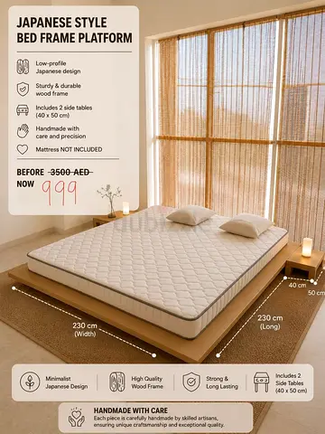 Japanese-style Low Profile Wooden Bed Frame Platform with 2 Side Tables (230x230 cm)