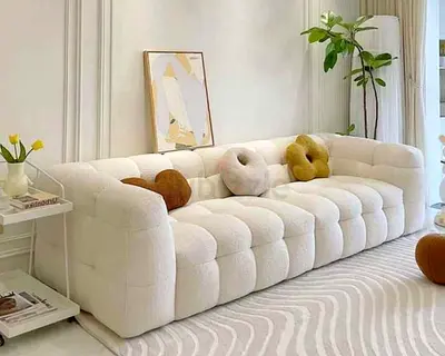 Modern Curved  Boucle Fabric Tufted 3-Seater Cream Sofa