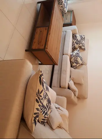 Beige 3 + 2 Seaters Sofa Set with 3 Wooden Tables (1 center  2 side
