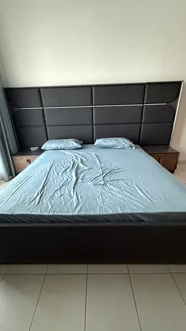 Queen/King upholstered bed frame with headboard and side tables - excellent condition, hardly used