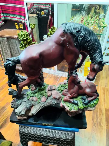 Hand-Painted Horse and Foal Figurine on Wood-Style Base - 47*43cm