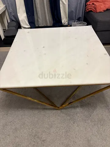 Modern White Marble Top coffee Table with Gold Geometric Base