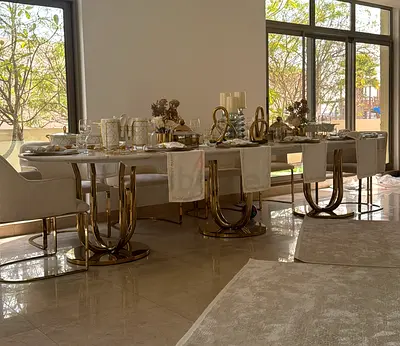 Modern Marble Dining Table with Gold Pedestal Base - Large Set