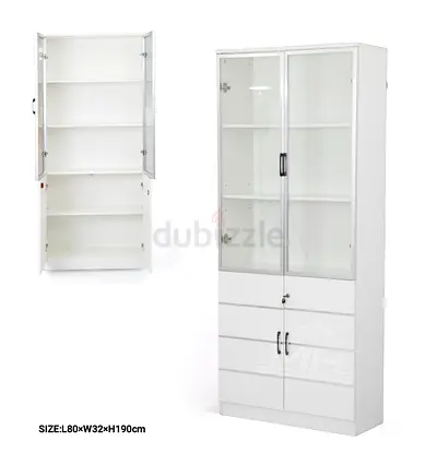 White Tall Storage Cabinet with Glass Doors and Drawers - 190cm H