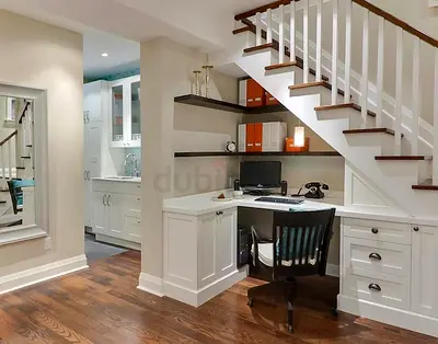 Built-in Desk and Storage Unit Under Staircase - White Wooden Finish