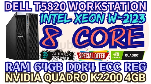 DELL T5820 WORKSTATION NVIDIA QUADRO K2200 4GB DDR5 RAM 64GB DDR4 W-2123 INTEL XEON 8 CORE