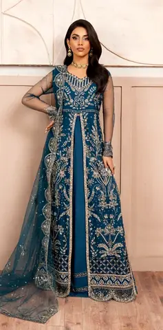 Embroidered Deep Teal Formal Womens Anarkali Dress with Dupatta