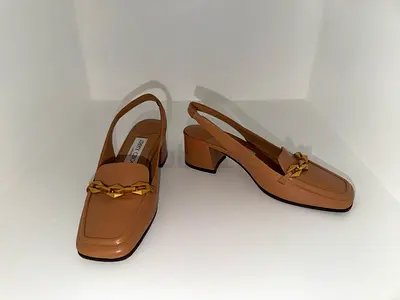 Jimmy Choo Tilda slingback mules in caramel brown, size 36