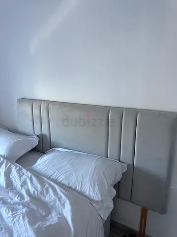 King Size Bed with light grey Upholstered Headboard and mattress- Excellent Condition