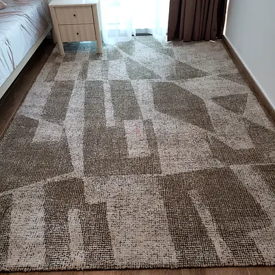 Large neutral geometric area rug — beige/green, good condition
