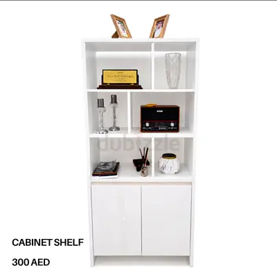 White Tall Cabinet Shelf with Open Shelves and Lower Cupboard