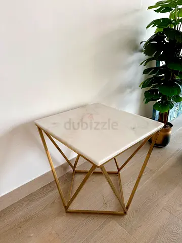 Home center real  Marble Side Table with Gold Geometric Base