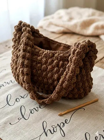 Handmade Brown Crocheted Popcorn Stitch Zipper Shoulder Bag