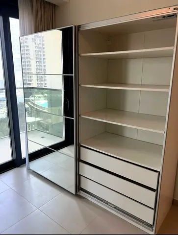 White Sliding Mirror Wardrobe with Shelves and Drawers - Good Condition