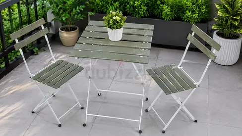 Outdoor foldable bistro set — 2 chairs + square table, green slatted