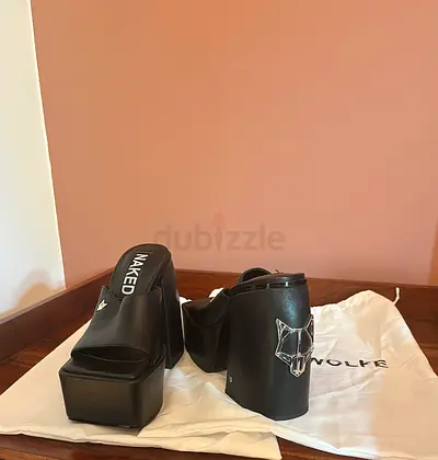 Black platform mule heels with wolf logo - size 37