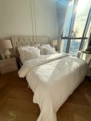 Double upholstered tufted headboard bed with bedside tables - good condition