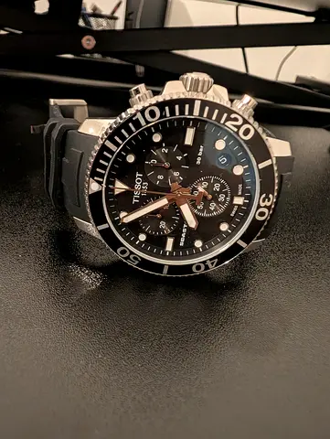 Tissot Seastar Chronograph Mens Watch - Black Dial, Rubber Strap