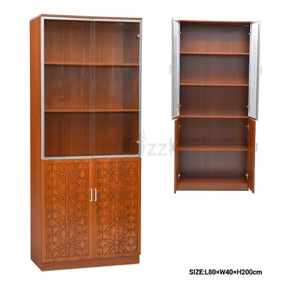 Wooden Display Cabinet with Glass Doors and Carved Lower Cupboards