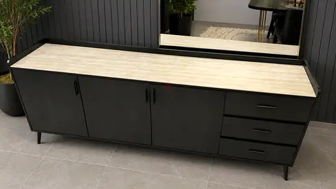 Modern Black Sideboard with Marble Finish Top