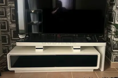 White Modern TV Stand / Entertainment Unit with Glass Doors