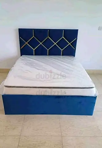 Blue Velvet Double Bed with Upholstered Headboard and Storage Base