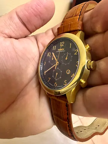 Mens Timex Gold Chronograph Watch with Brown Leather Strap