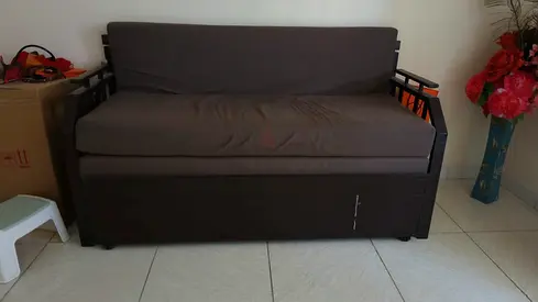 Compact 2-seater metal Sofa Bed with mattress’s and Storage — Dark Brown