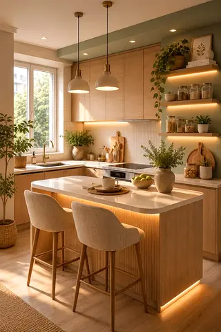 Light Wood Kitchen Island with 2 Upholstered Bar Stools