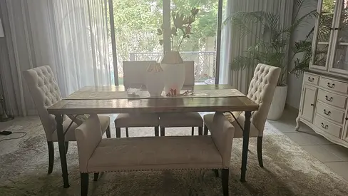 Wooden Dining Table with 4 Upholstered Chairs and Bench - Light Neutral Set
