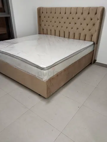Beige Upholstered Double Bed with Tufted Headboard - Good Condition