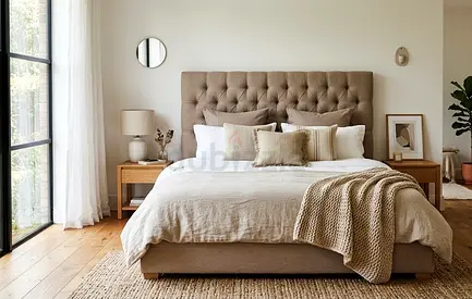 King-size tufted upholstered bed with headboard - neutral beige