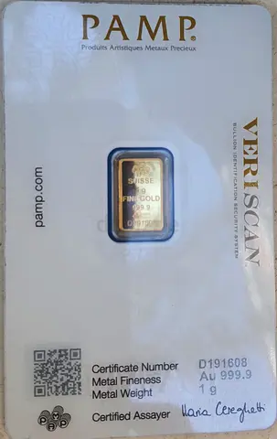 PAMP Suisse 1g Fine Gold Bar (Veriscan, sealed) - 999.9