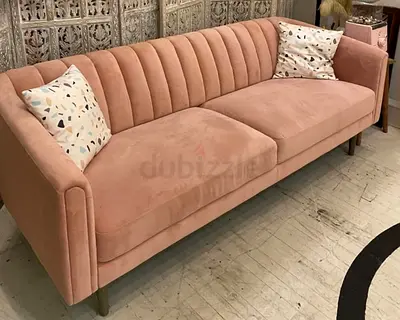 Pink Velvet Three Seater Sofa with Fluted Back