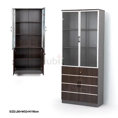 Tall Glass-Front Storage Cabinet with Lockable Lower Doors - Dark Wood