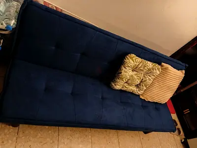 Blue fabric futon sofa bed - good condition