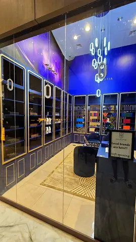 Dark Blue Display Shelving Unit with Gold Trim - Store Fixture 14 cabinets + 4 chairs and table