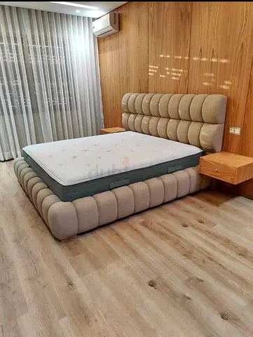 Modern boucle fabric King Bed Frame with Padded Headboard (Beige)