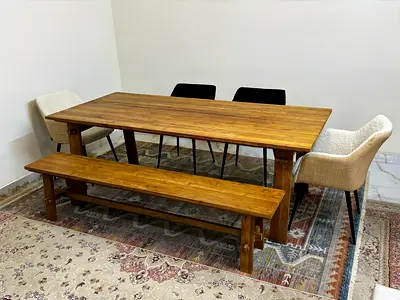 Marina Home Designer Dining Set | Solid Wood Statement Table + Bench + Chic Bouclé Chairs