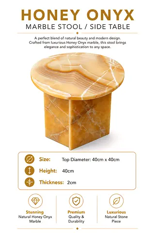 Luxury Honey Onyx Marble Side Table / Stool 40×40cm | Natural Stone