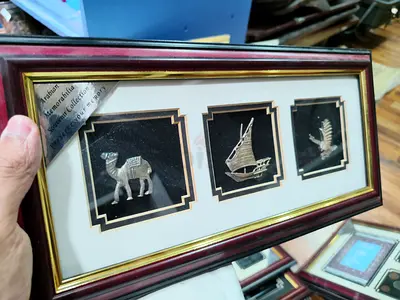 Framed Arabic Silver Inlay Trio - Camel, Dhow  Palm Artwork 38*16cm