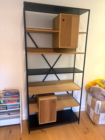 Tall Industrial-Style Bookcase with Wooden Cabinets