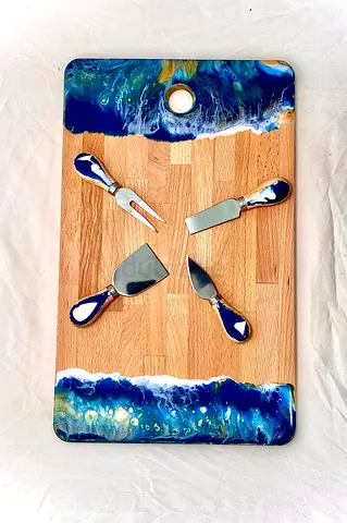 Resin Ocean Edge Wooden Cheese Board with Matching Cheese Knives Setup
