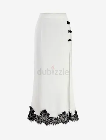 Knot Button Satin Lace Split Maxi Skirt
