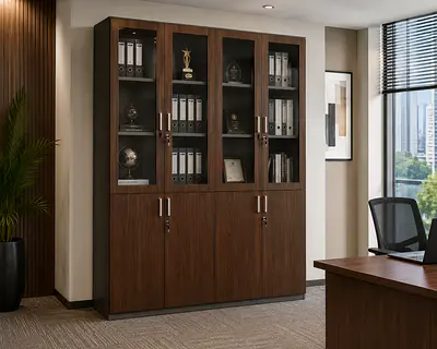 Wood Finish 8 Door Glass Display Cabinet Dubai | Full Height Office Storage Cabinet UAE
