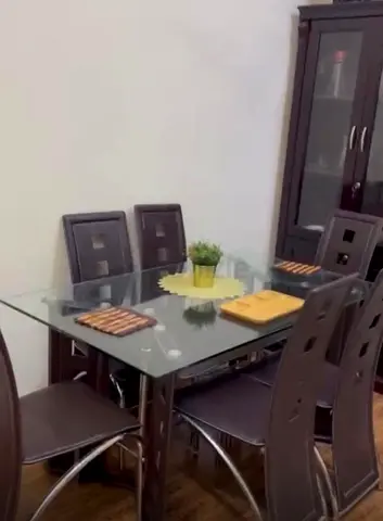 Glass Top Dining Table with 6 Chairs and Matching Cabinet