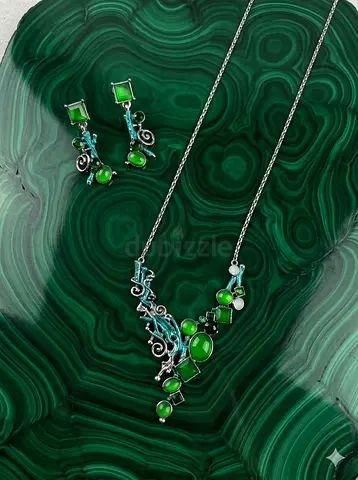 Silver Necklace and Matching Earrings with Green Gemstones